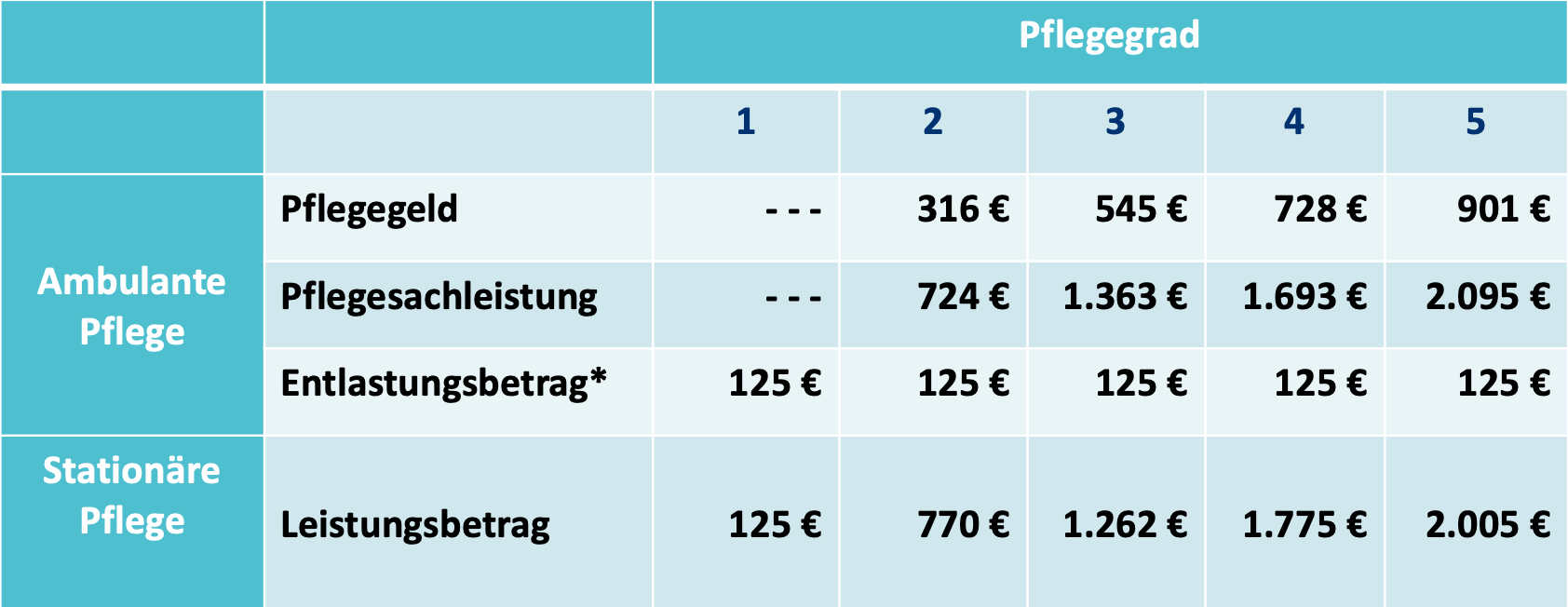 Die Tabelle zeigt einen Überblick über die Leistungen der gesetzlichen Pflegeversicherung. 