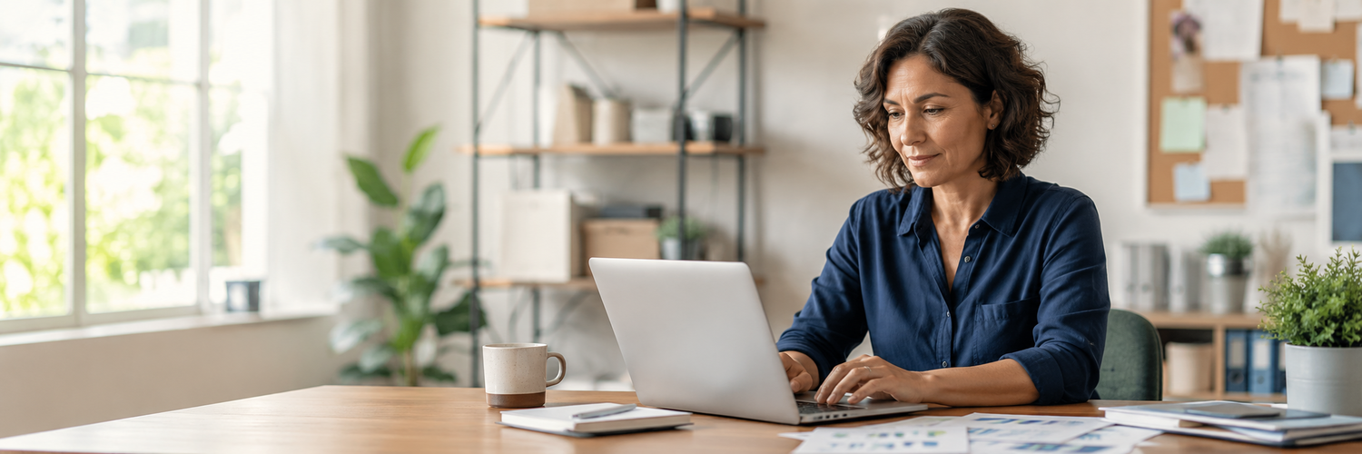 Frau sitz am Laptop und arbeitet