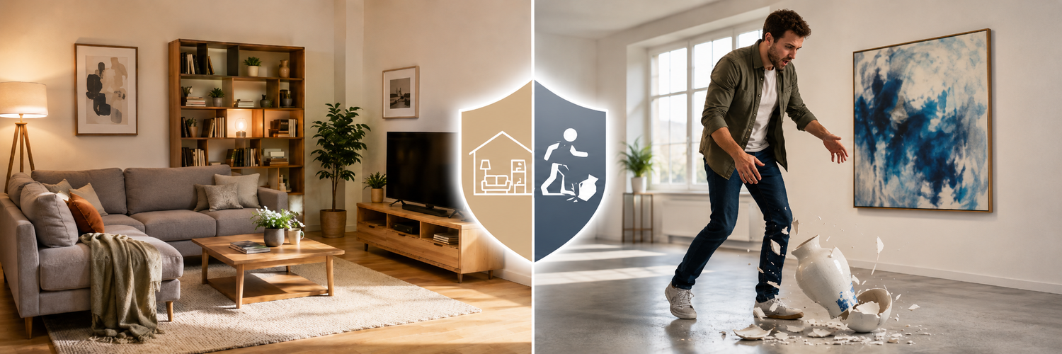 Eine Wohnung und ein Mann, dem eine Vase herunterfällt und zerbricht